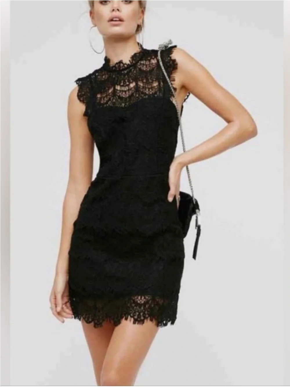 Free People Cotton Black Lace High-Neck Open-Back Mini Dress - Picture 3 of 7